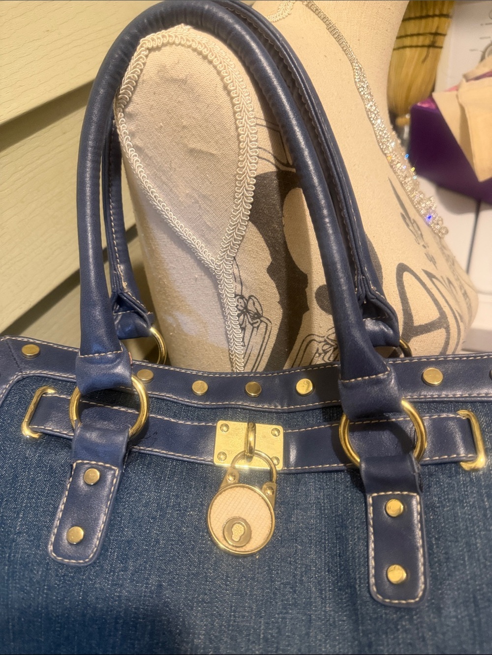 Denim Tote Bag with Gold Accent Hardware - Picture 5 of 8